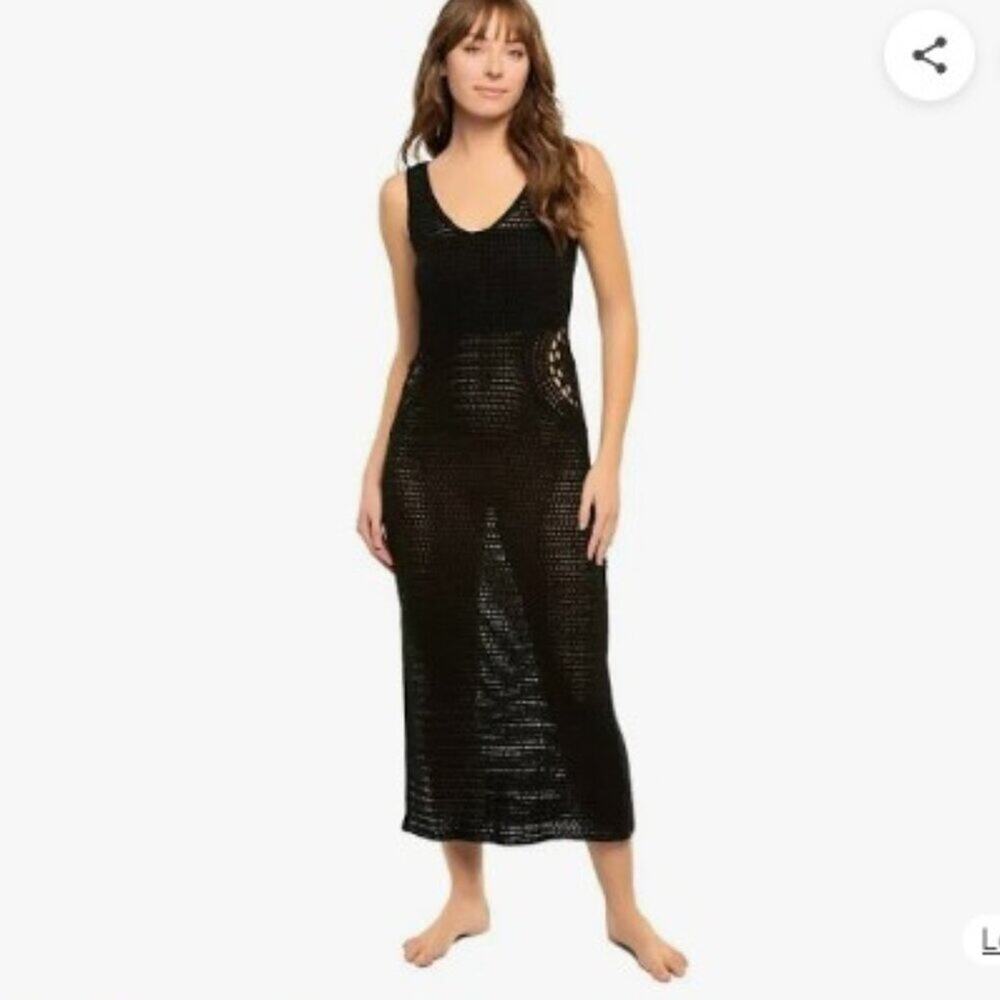 NEW Elan Black Crochet Open Knit Maxi Dress Coverup Boho Sheer Sexy NWT Small